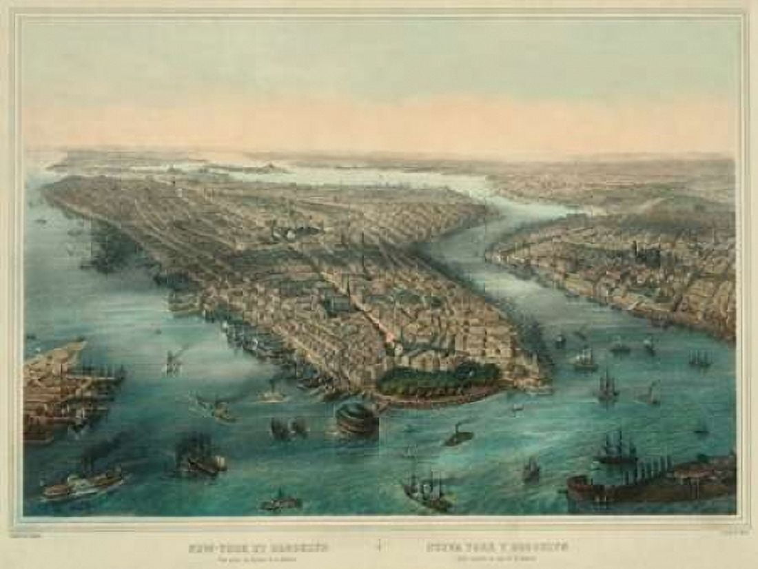 Birds-eye view of Manhattan New York Canvas Art - Unknown (18 x 24)