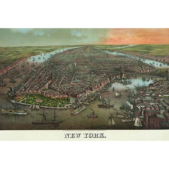 Birds-eye view of Manhattan, New York- Fine Art Canvas Print (20" x 30")