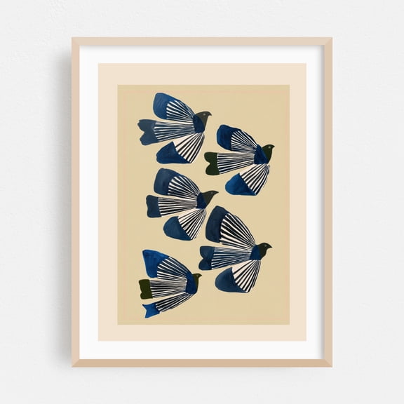 Birds in Flight - Digital Art Bird Pattern Illustration Geometric Modern Art Minimalist Nature Oak Framed Wall Art Print 8 x 10 inches