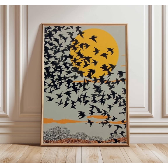 Birds in Flight Sunset Silhouette Minimalist Nature Flock Decor Unframed Paper Print