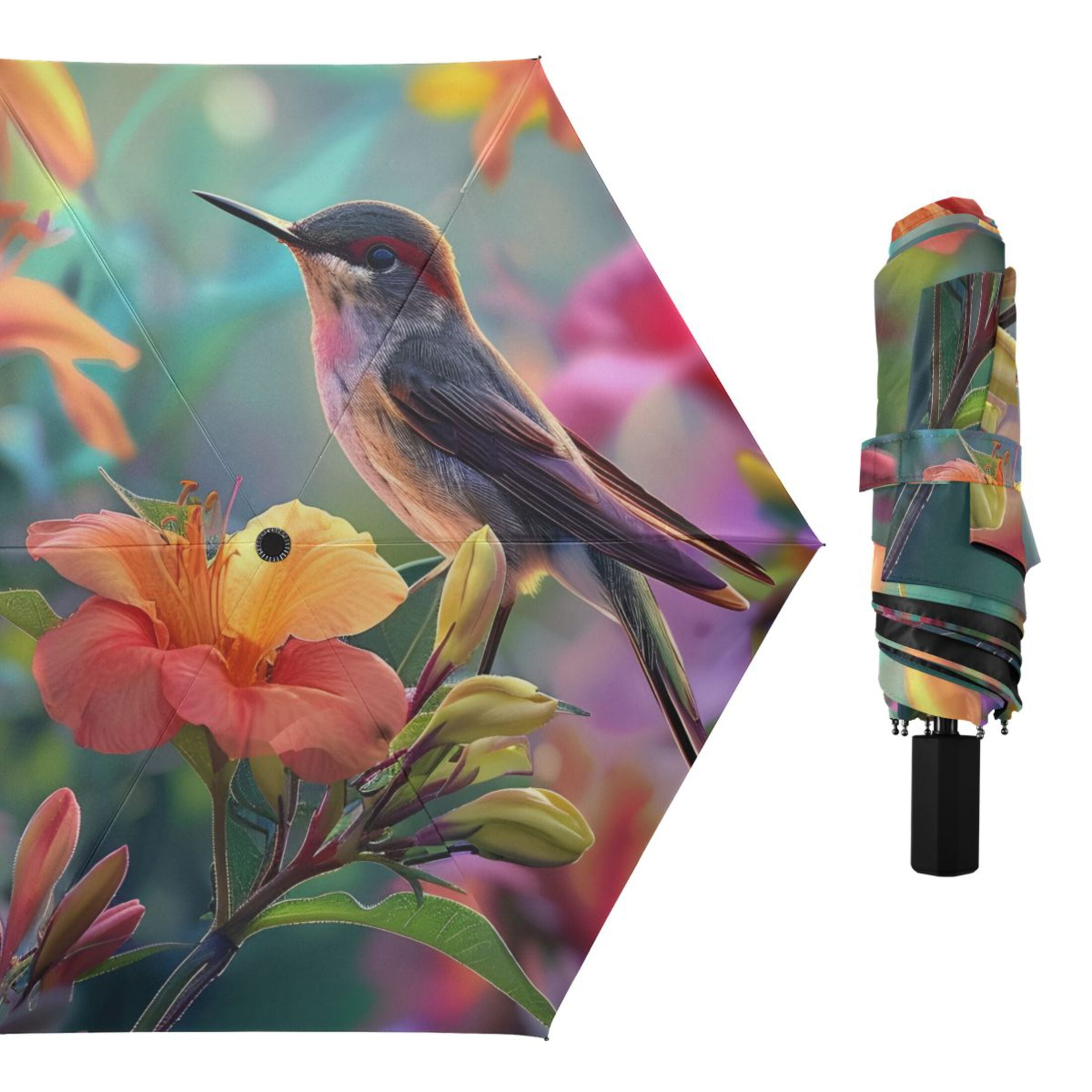 Birds in Florals All Weather Umbrella Triple Folding Parasol 6 Ribs UV Protection Portable