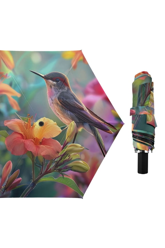 Birds in Florals All Weather Umbrella Triple Folding Parasol 6 Ribs UV Protection Portable