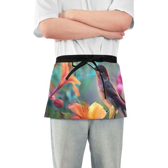Birds in Florals Short Server Apron with 3 Pockets for Unisex Chef Gardening