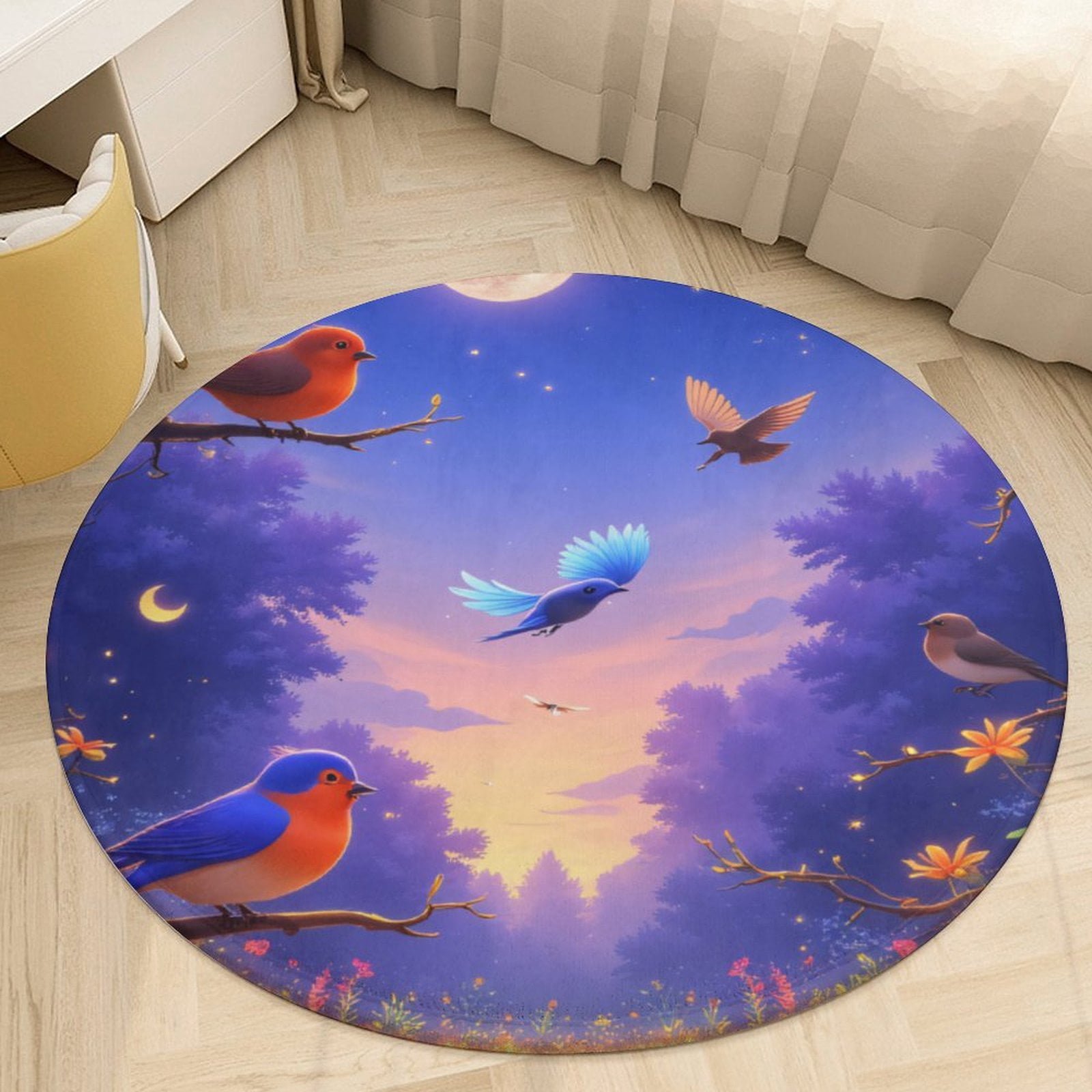 Small Round Forest Rug Birds in Moonlit Forest Round Area Rugs for Bedroom Living Room, 3FT ...