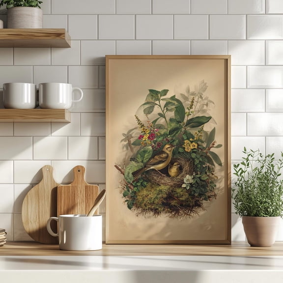 Birds in Nest Botanical Wall Art, Cottagecore Spring Nature Decor, Unframed Paper Print Size 8x12