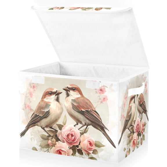 Birds in Roses Floral Storage Basket for Shelves Foldable Container Organizer for Organizing Toys Clothes Books with Handles