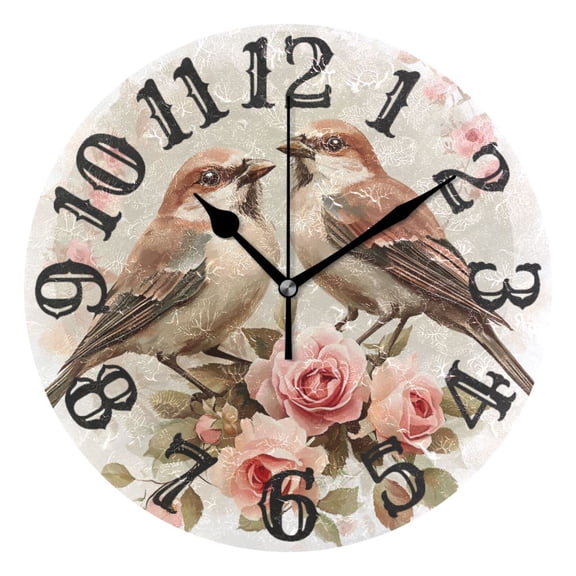 Birds in Roses Floral Wall Clock 10 inch Non-Ticking Easy to Read Decorative Clocks for Home Bedroom Living Room