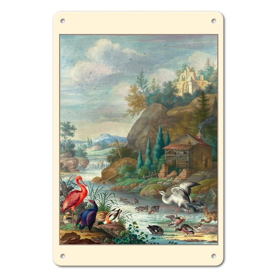 Birds near a Mountain Stream - Vintage Illustration by Herman Henstenburgh c.1700 - 8 x 12 inch Vintage Metal Tin Sign