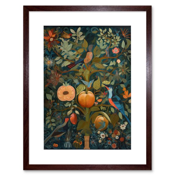 Birds on Blooming Peach Tree in Modern Folk Art Artwork Framed Wall Art Print 9X7 Inch