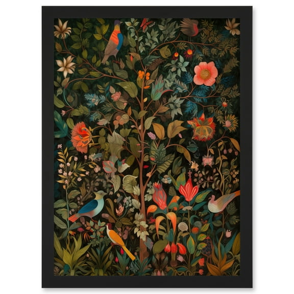 Birds on Blooming Trees in Spring Modern Folk Art Artwork Framed Wall Art Print A4