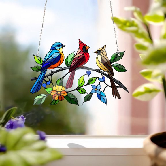 Birds on Branch 2D Acrylic Sun Catcher - Flat Window Art | Vibrant Colors | Nature Theme Bird Decor | Nature Lovers Gift | Window Hanging