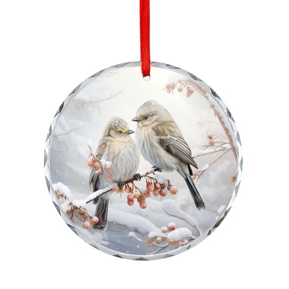 Birds on Branch Christmas Ornament Holiday Present Ideas Winter Holiday Happy New Year Round Glass Hanging Ornament