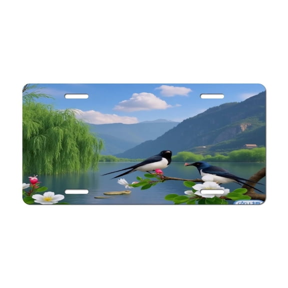 Birds on Branch by Lake License Plate Lightweight Aluminum Automotive Decoration Vanity Tag for Front Back Car 12x6 Inch