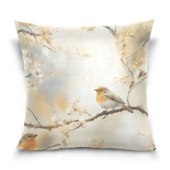 Birds on Branches 16x16 Inch Plush Velvet Pillowcase Double Sided Print, Hidden Zipper