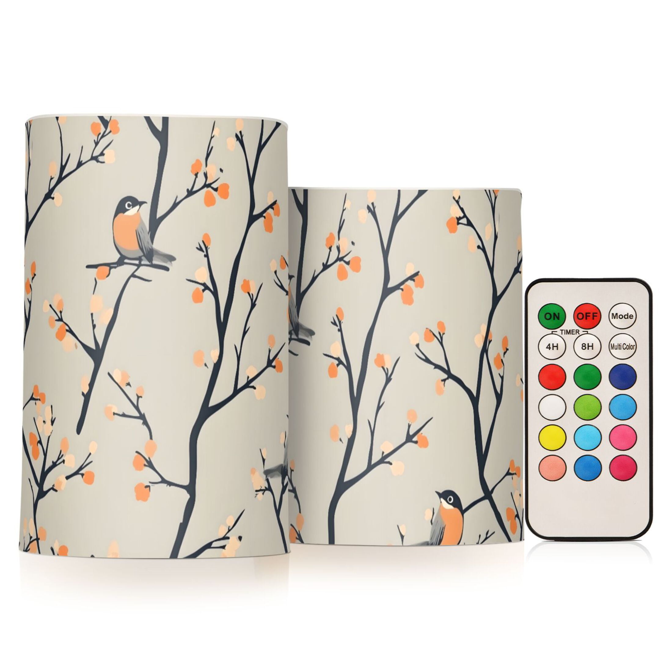 Birds on Branches Pattern Flameless LED Candle Set with Remote, Battery Operated Color Changing Pillar Candles, Set of 2