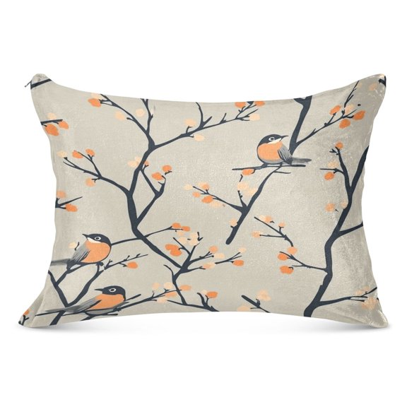 Birds on Branches Pattern Soft Plush Pillow Cover, Zippered Design, Comfortable for Bedroom and Sofa