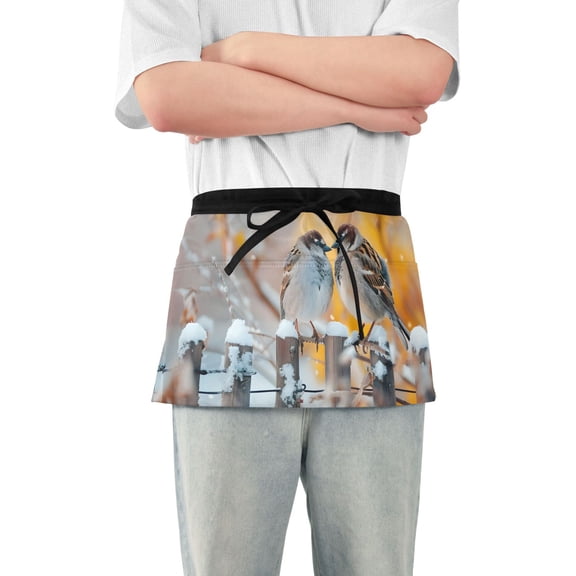 Birds on Fence Winter Snow Short Server Apron with 3 Pockets for Unisex Chef Gardening