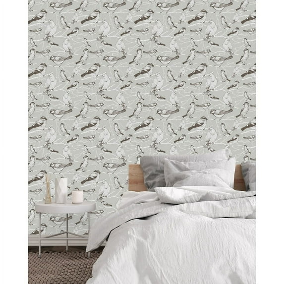 Birds on Grey Wallpaper Pre-Pasted - 25"W x 225"H