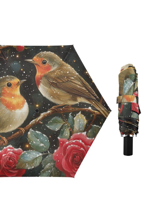 Birds on Roses Branch Leaves Snow All Weather Umbrella Triple Folding Parasol 6 Ribs UV Protection Portable