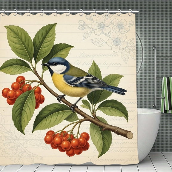 Birds on The Trees of Bloom And Butterfly Print Shower Curtain,Modern Fabric Waterproof Shower Curtain Set with Hooks 70.8×70.8Inch (180×180cm)