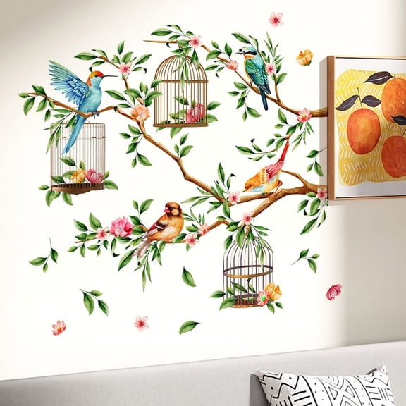 Birds on Tree Branch Wall Decals Spring Green Leaves Flying Bird Wall Stickers Peel and Stick Living Room Bedroom Sofa TV Background Wall Decor