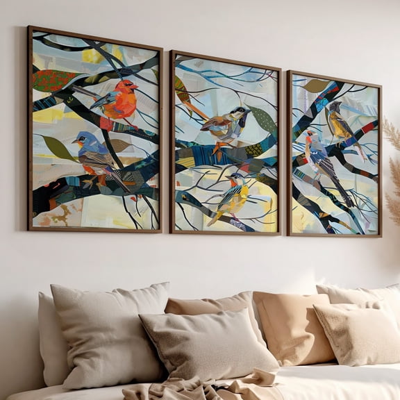 Birds on Tree Magazine Collage Art Bird Mosaic Tree and Birds Piece Birds Collage Wall Decor Set 3 Stretched Canvas