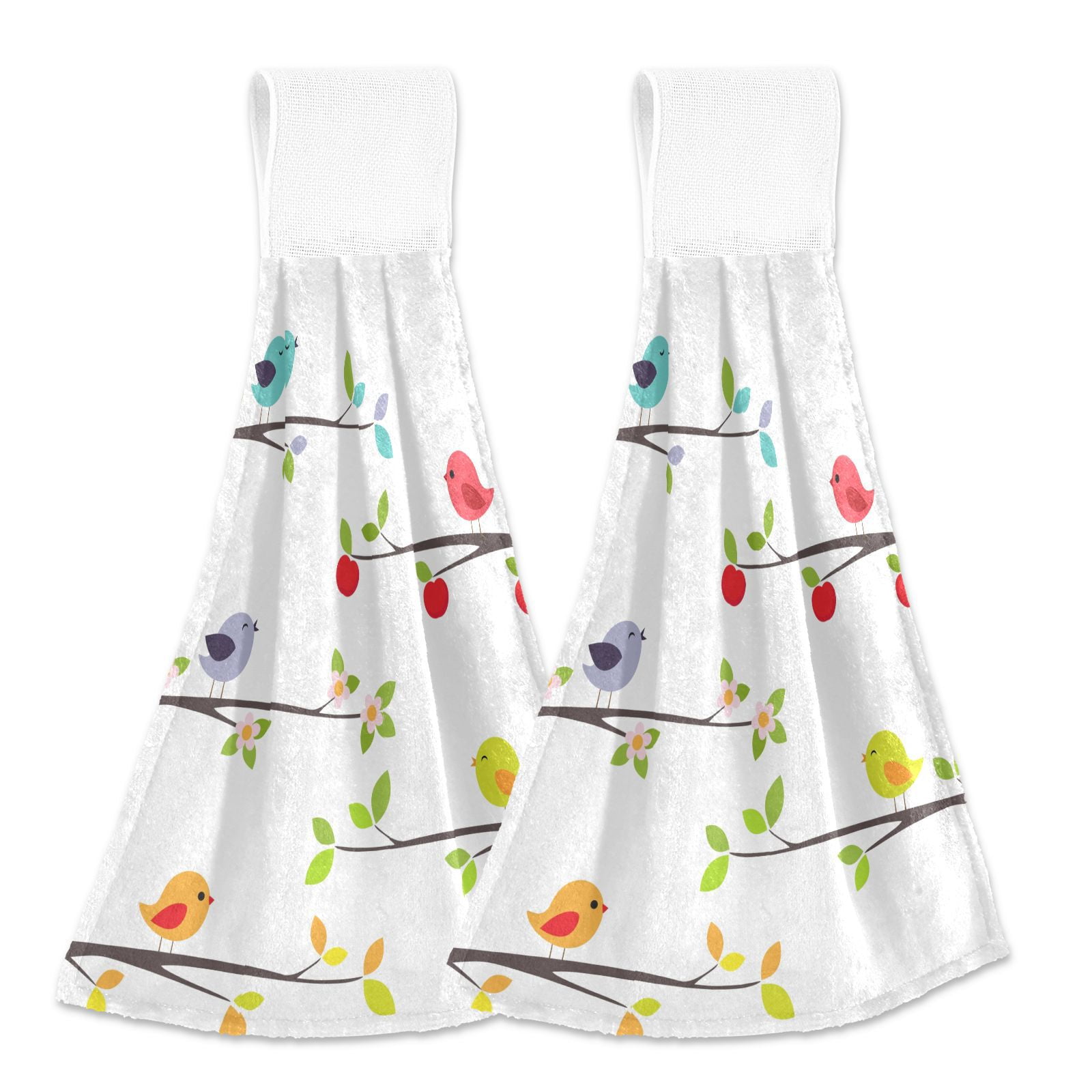 Birds on Trees 2pcs Loop Hanging Bathroom Hand Towel Soft Dish Towel ...