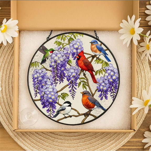 Birds on Wisteria Tree Branch Glass Suncatcher, Nature Inspired Stained Glass Window Decor, Bird Lovers Gift,Floral Home Decoration,Mom Gift