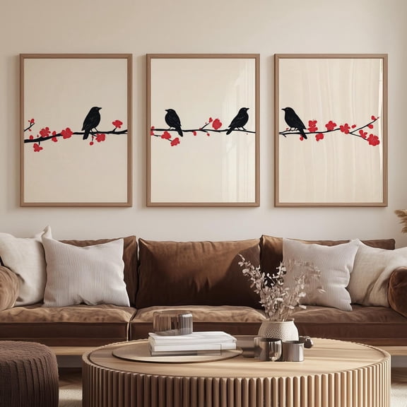 Birds on a Wire Japandi Minimalist Vintage Wall Art Print Set 3 Unframed Paper Print 8x12