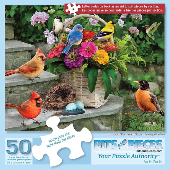 Birds on the Porch Steps 50-Piece Jigsaw Puzzle Big Lettered Pieces 15”x19”
