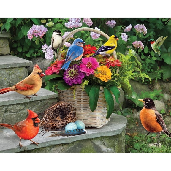 Birds on the Porch Steps 50-Piece Jigsaw Puzzle Big Lettered Pieces 15”x19”