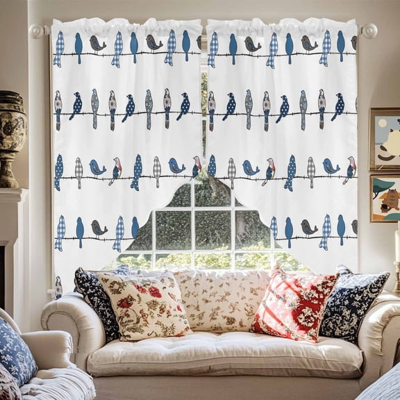 Birds on the Wire Blue Grey Swag Curtain Valance for Windows, Window Treatments Short Swag Topper for Kitchen Windows Bathroom Bedroom, 28"x36"