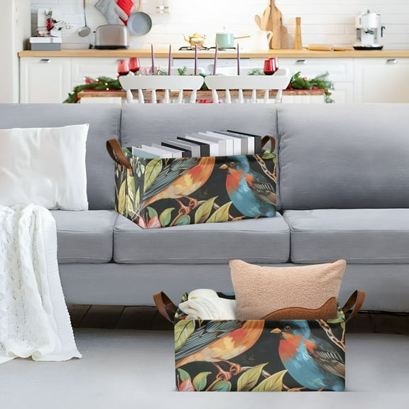 Birds with Flowers Storage Bins with Handles Foldable Storage Baskets for Shelves Organizer Cloth Baskets