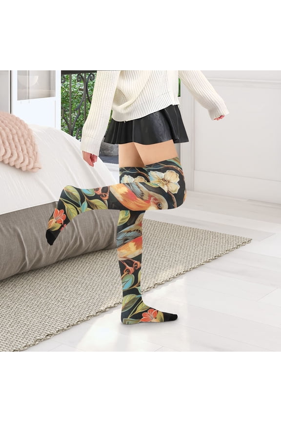 Birds with Flowers Womens Thigh High Stocks Over Knee High Socks Thigh Tigh Boot Stockings