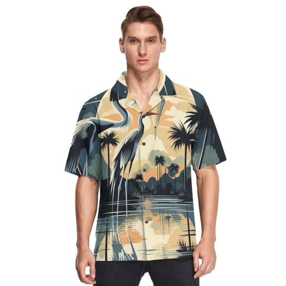 Birds with Moon Coconut Trees Lake Men's Hawaiian Wrinkle Free Button Down Short Sleeve Shirt Casual Shirts Beach Shirts