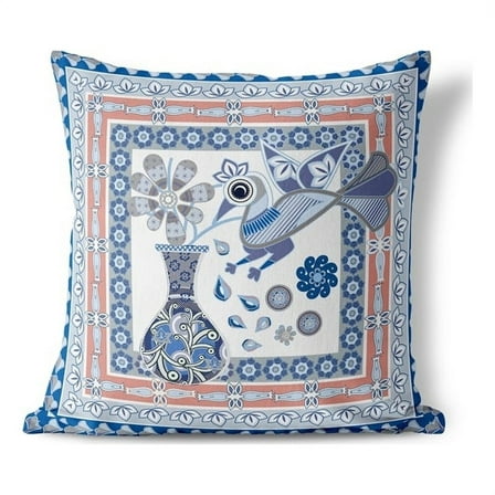 Birdsong Bouquet Vase Indoor/Outdoor Fabric Pillow with Zip in Blue 18x18