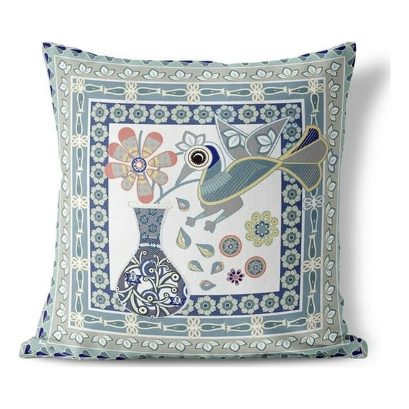 Birdsong Bouquet Vase Indoor/Outdoor Pillow in Blue 18x18
