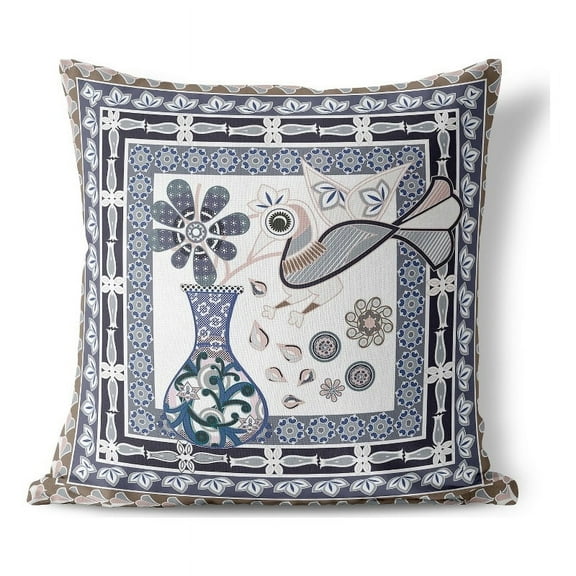 Birdsong Bouquet Vase Indoor/Outdoor Pillow with Removable Cover in Beige 16x16