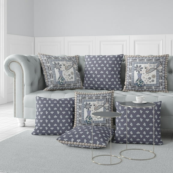 Birdsong Bouquet Vase Throw Pillow in Beige 16x16