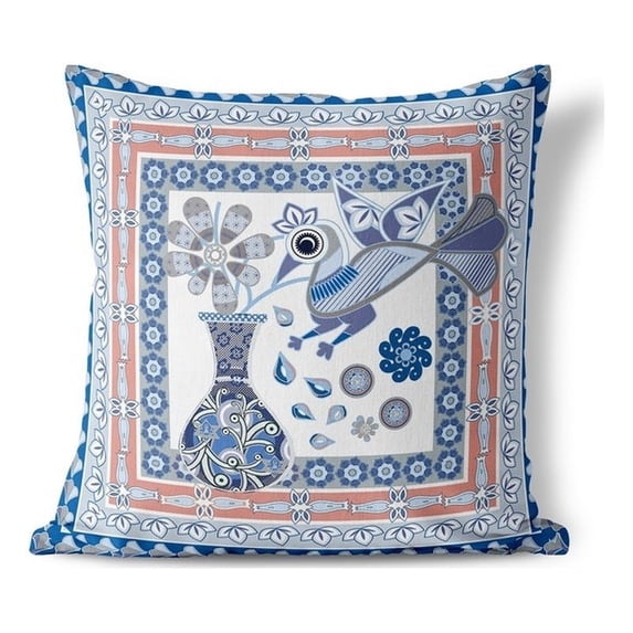 Birdsong Bouquet Vase Throw Pillow with Removable Cover in Blue 18x18