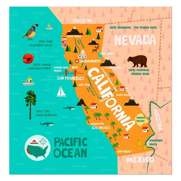 Birdy Boutique California State Map Tapestry – 62" x 60" Educational Wall Hanging