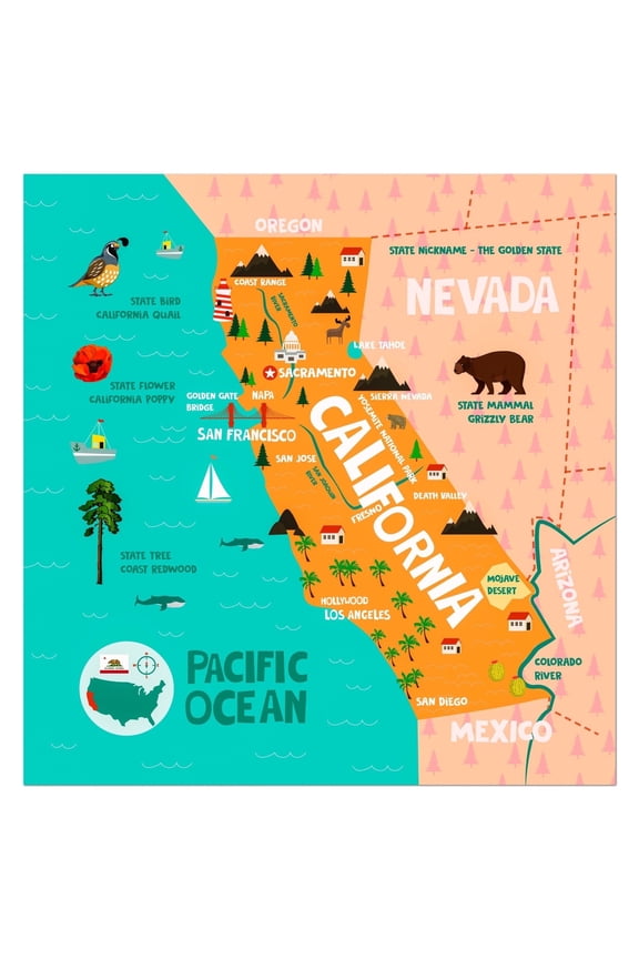 California State Map Tapestry – 62" x 60" Educational Wall Hanging