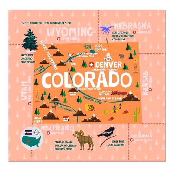 Birdy Boutique Colorado State Map Tapestry  60" x 59" Educational Wall Hanging