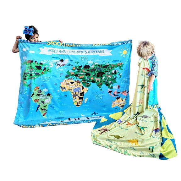 Birdy Boutique Dinosaur World Map Blanket – 50x60 Reversible Kids Learning Throw