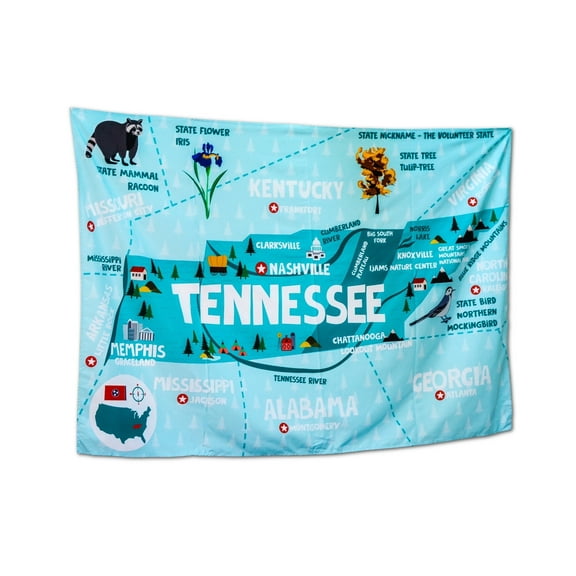Birdy Boutique Tennessee State Map Tapestry – 60" x 40" Educational Wall Hanging