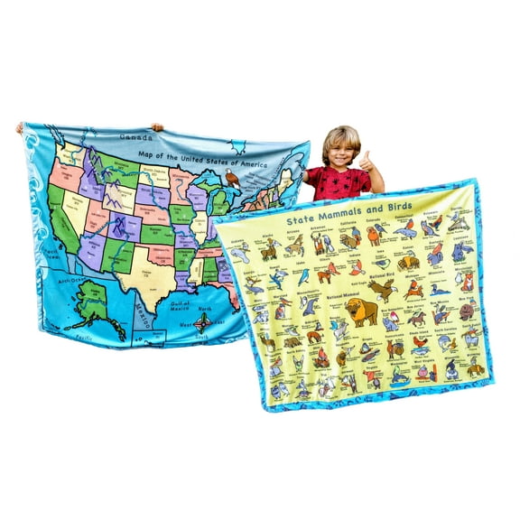Birdy Boutique USA Map Educational Blanket – 50x60 Reversible Kids Learning Throw