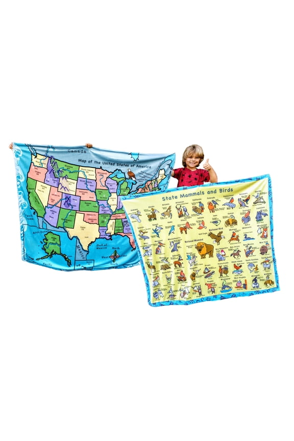 USA Map Educational Blanket – 50x60 Reversible Kids Learning Throw