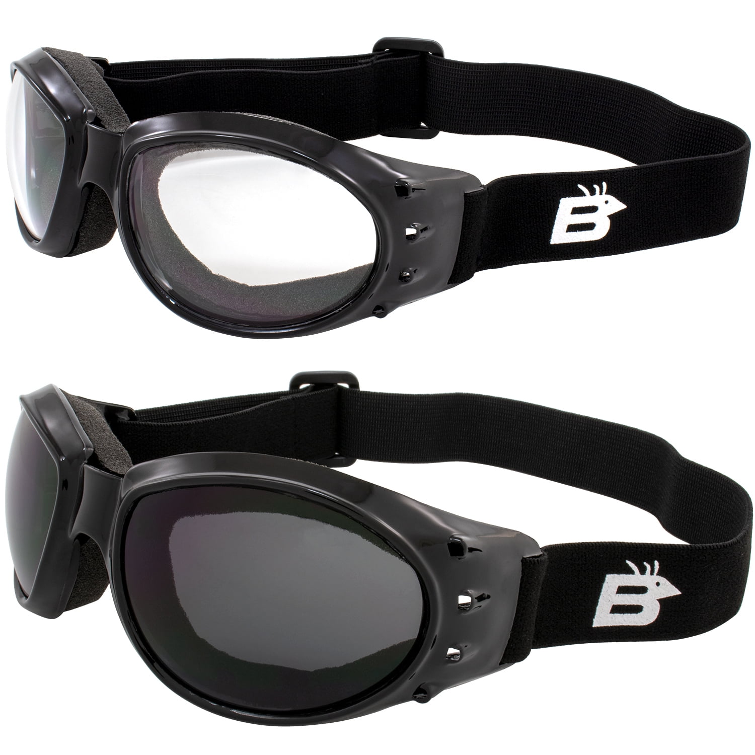 Two Pairs of Global Vision Eliminator Deluxe Red Baron Style Padded Motorcycle Goggles Black Frames Smoke and Clear Lens