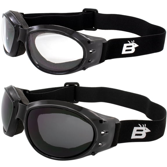 Birdz Eyewear Eagle Red Baron style Padded Motorcycle Riding Goggles Dirt Bike Goggles 2 Pairs Black Frames with Clear & Smoke Lenses Day Night Airsoft