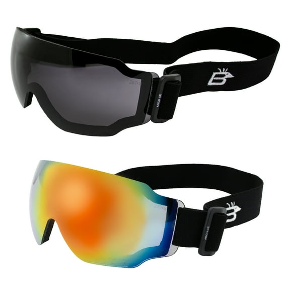 Birdz Eyewear Arch Sports Padded Safety Sky Diving Ski Motorcycle Goggles for Men & Women ANSI Z78.1+ 2 Pairs Smoke & Red Mirror Lenses